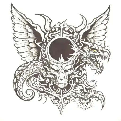 angel cutting dragon's head tattoo design idea