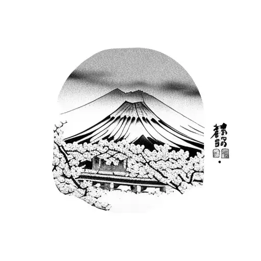 Mount Fuji, tori gate, cherry blossom tattoo design idea