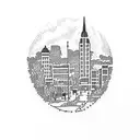 A dotwork tattoo featuring a silhouette of Downtown Stillwater, Minnesota, with a beautiful iris and violet garden in the foreground. tattoo design idea