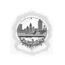 A dotwork tattoo featuring a silhouette of Downtown Stillwater, Minnesota, with a beautiful iris and violet garden in the foreground. tattoo design idea