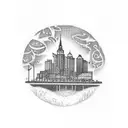 A dotwork tattoo featuring a silhouette of Downtown Stillwater, Minnesota, with a beautiful iris and violet garden in the foreground. tattoo design idea