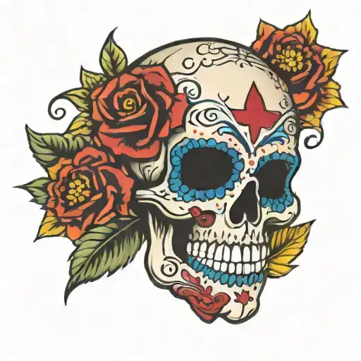 sugar skull with south korean flag behind it  tattoo design idea
