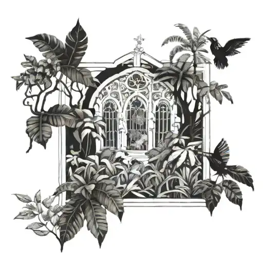 A jungle scene with a hidden cathedral window tattoo design idea