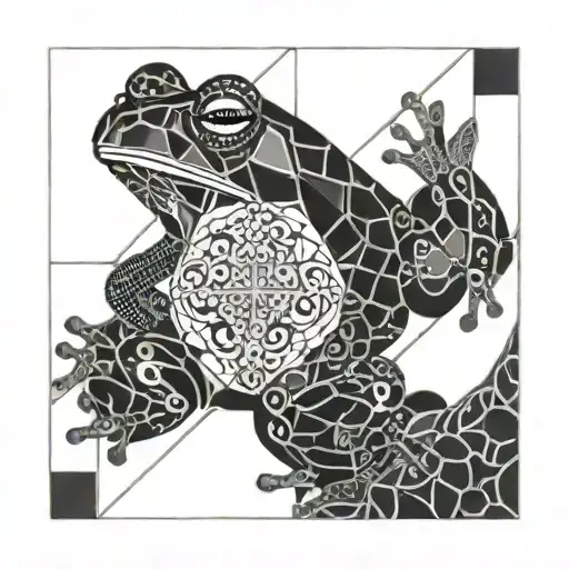 A black and grey quilt block with hidden frog elements throughout tattoo design idea
