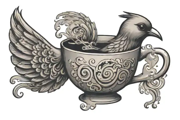 A bird perched on a coffee mug with steam swirling around tattoo design idea