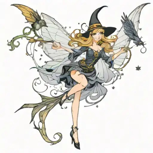 witch and fairies   tattoo design idea