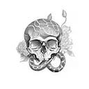 human skull with snake surrounded by flowers tattoo design idea