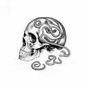 human skull with snake surrounded by flowers tattoo design idea