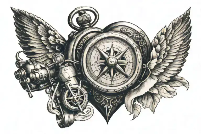 A heart-shaped compass with a love letter inside, representing the search for love on a motor cycle in mountains  tattoo design idea