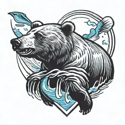A traditional style tattoo of a bear catching a fish in a river, with a heart symbol incorporated into the design to symbolize your love for nature and family tattoo design idea