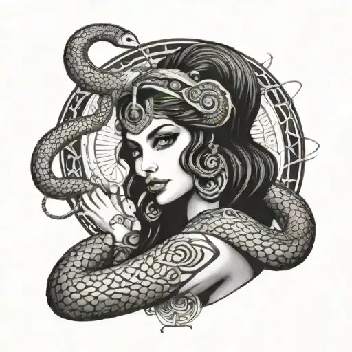 Isis goddess with a snake coiled around her arm tattoo design idea