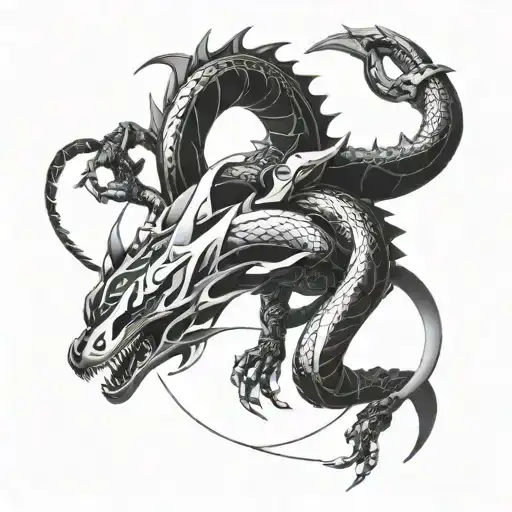 A futuristic cyberpunk version of Rayquaza battling a dragon in outer space tattoo design idea