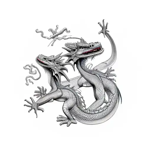 three dragons intertwined. wood, earth and water dragons. tattoo design idea