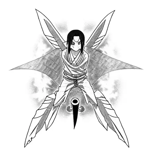 Itachi from Naruto work one-sided black kunai and 3 crows tattoo design idea