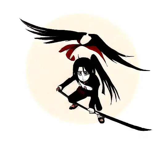 Itachi from Naruto work one-sided black kunai and 3 crows tattoo design idea