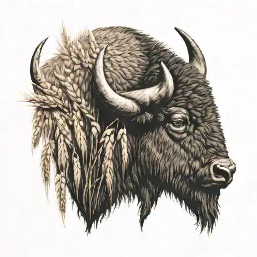 Bison head with wheat behind it with hidden fleur de lis tattoo design idea