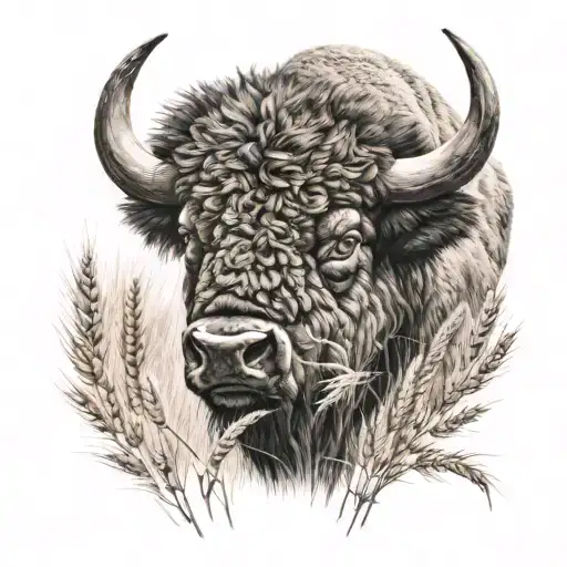 Bison head with wheat behind it tattoo design idea