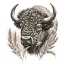 Bison head with wheat behind it tattoo design idea