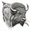 Bison head with wheat behind it tattoo design idea
