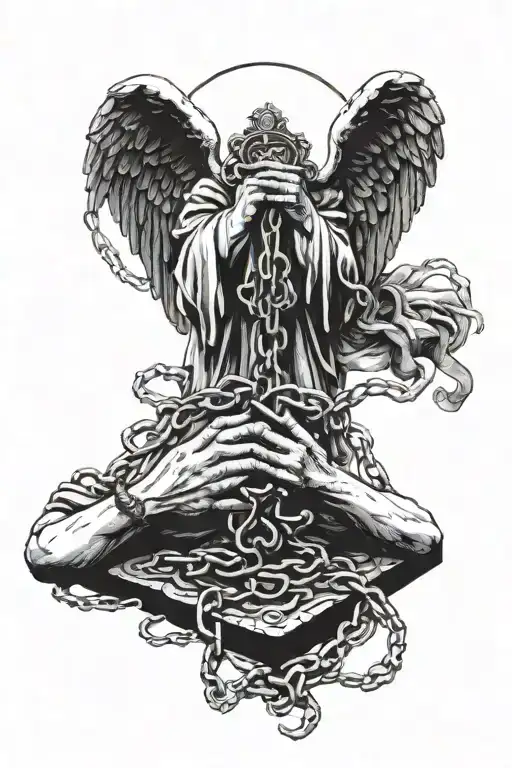 Two angels praying hands holding chains surrounded and big board with the ten bids tattoo design idea