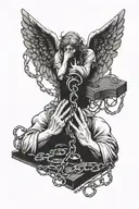 Two angels praying hands holding chains surrounded and big board with the ten bids tattoo design idea