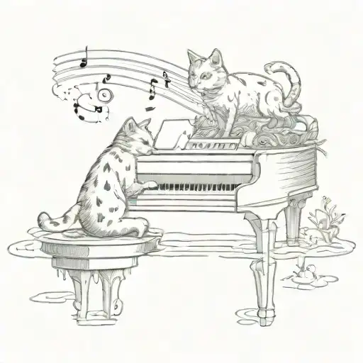 A cat playing a piano on a small island surrounded by water with musical notes floating in the air tattoo design idea