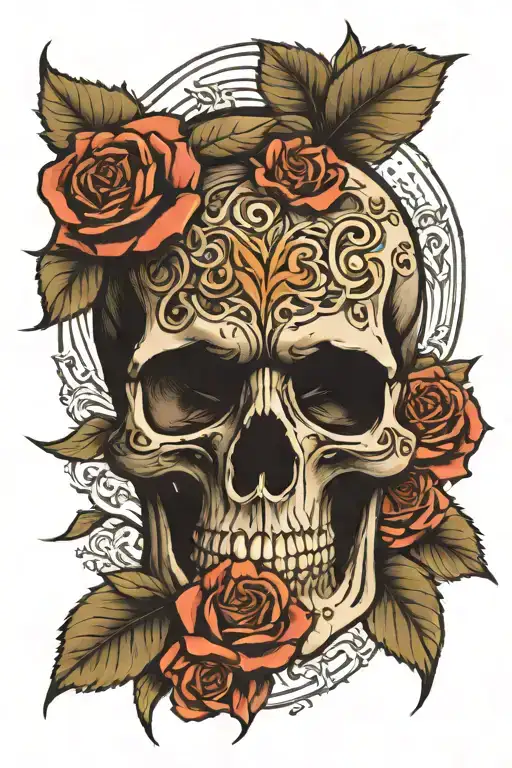 rose skull clock tattoo design idea