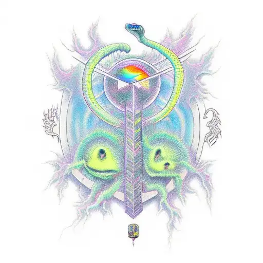 Incorporate elements from King Gizzard and the Lizard Wizard album covers into a music-themed tattoo design tattoo design idea