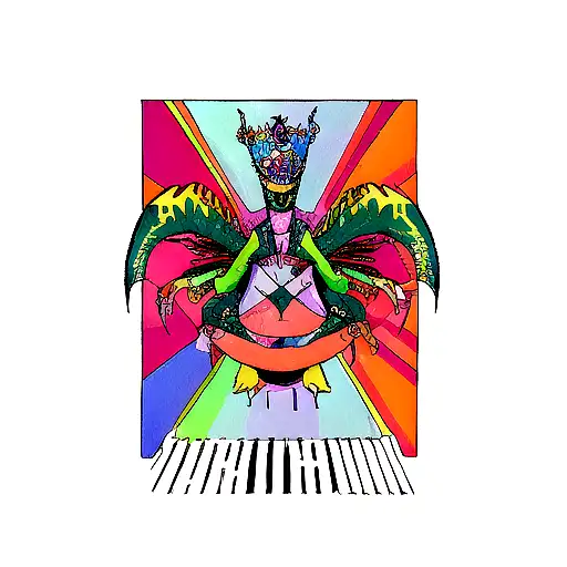 Incorporate elements from King Gizzard and the Lizard Wizard album covers into a music-themed tattoo design tattoo design idea