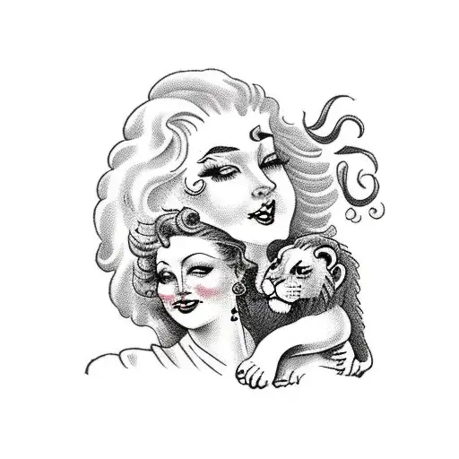 lady breast feeding with curly hair wiht lion in the back  tattoo design idea