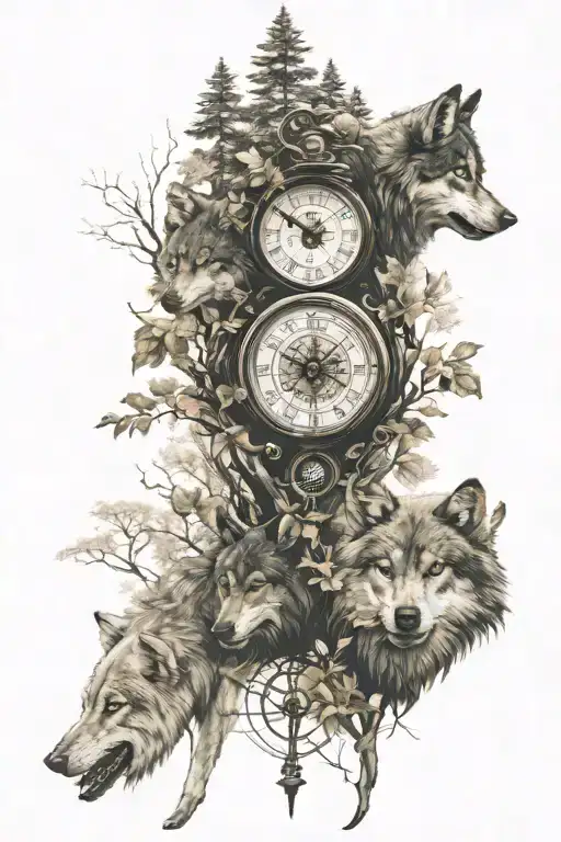 wolves and forest and compass and clocks tattoo design idea
