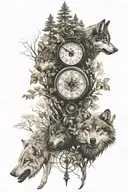 wolves and forest and compass and clocks tattoo design idea