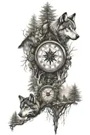 wolves and forest and compass and clocks tattoo design idea