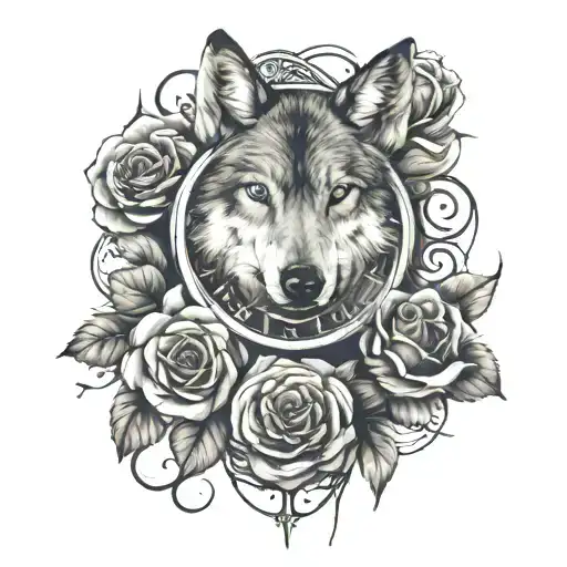 Tattoo design with letters M L D N L, roses, 00:00, infinity symbol, wolf, compass tattoo design idea