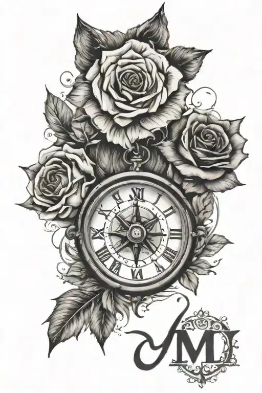 Tattoo design with letters M L D N L, roses, 00:00, infinity symbol, wolf, compass tattoo design idea