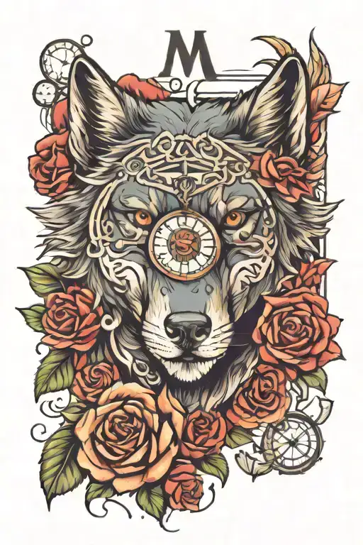 Tattoo design with letters M L D N L, a wolf, the roses, a compass, digital clock 00:00, infinity symbol. tattoo design idea