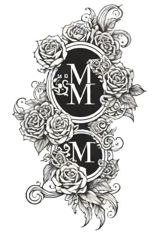 Tattoo design with letters M L D N L, roses, 00:00, infinity symbol, wolf, compass tattoo design idea
