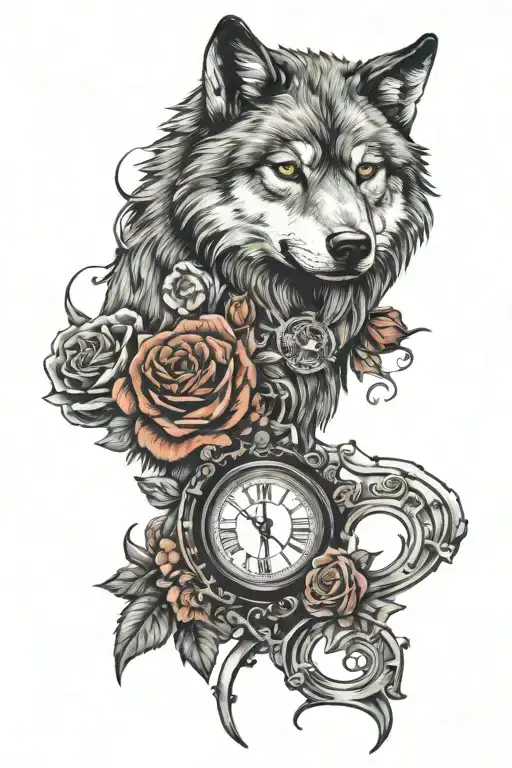 Tattoo design with letters M L D N L, a wolf, the roses, a compass, digital clock 00:00, infinity symbol. tattoo design idea