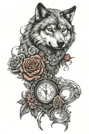 Tattoo design with letters M L D N L, a wolf, the roses, a compass, digital clock 00:00, infinity symbol. tattoo design idea