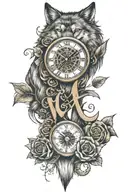Tattoo design with letters M L D N L, a wolf, the roses, a compass, digital clock 00:00, infinity symbol. tattoo design idea