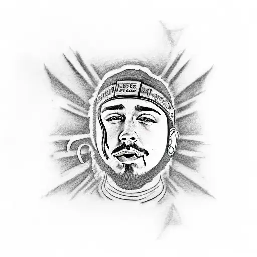 A tattoo of Post Malone's face with lyrics from his songs incorporated into the background tattoo design idea