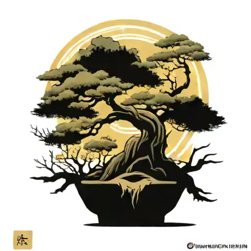 ancient bonsai style tree to symbolize slow growth over time blended with a Japanese phoenix to herald a golden age tattoo design idea