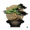 ancient bonsai style tree to symbolize slow growth over time blended with a Japanese phoenix to herald a golden age tattoo design idea