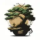 ancient bonsai style tree to symbolize slow growth over time blended with a Japanese phoenix to herald a golden age tattoo design idea