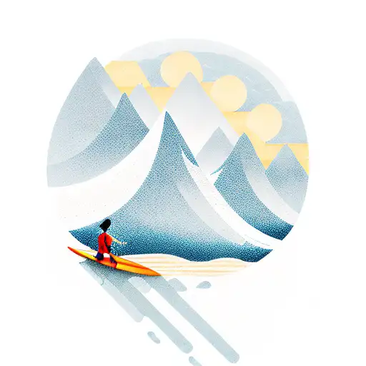 ocean, surfing, waves, beach, forest, trees, mountains, hiking, kayaking, tattoo, arm tattoo, golden hour, 2 mountains,  tattoo design idea