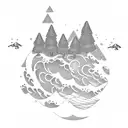 ocean, surfing, waves, beach, forest, trees, hiking, kayaking, 2 mountains,  tattoo design idea