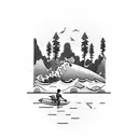 ocean, surfing, waves, beach, forest, trees, hiking, kayaking, 2 mountains,  tattoo design idea