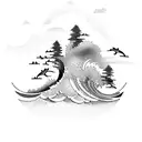 ocean, surfing, waves, beach, forest, trees, hiking, kayaking, 2 mountains,  tattoo design idea
