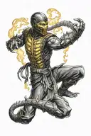 mortal kombat scorpion fighting stance flaming head black aura circling tattoo design idea
