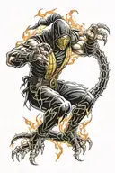 mortal kombat scorpion fighting stance flaming head black aura circling tattoo design idea